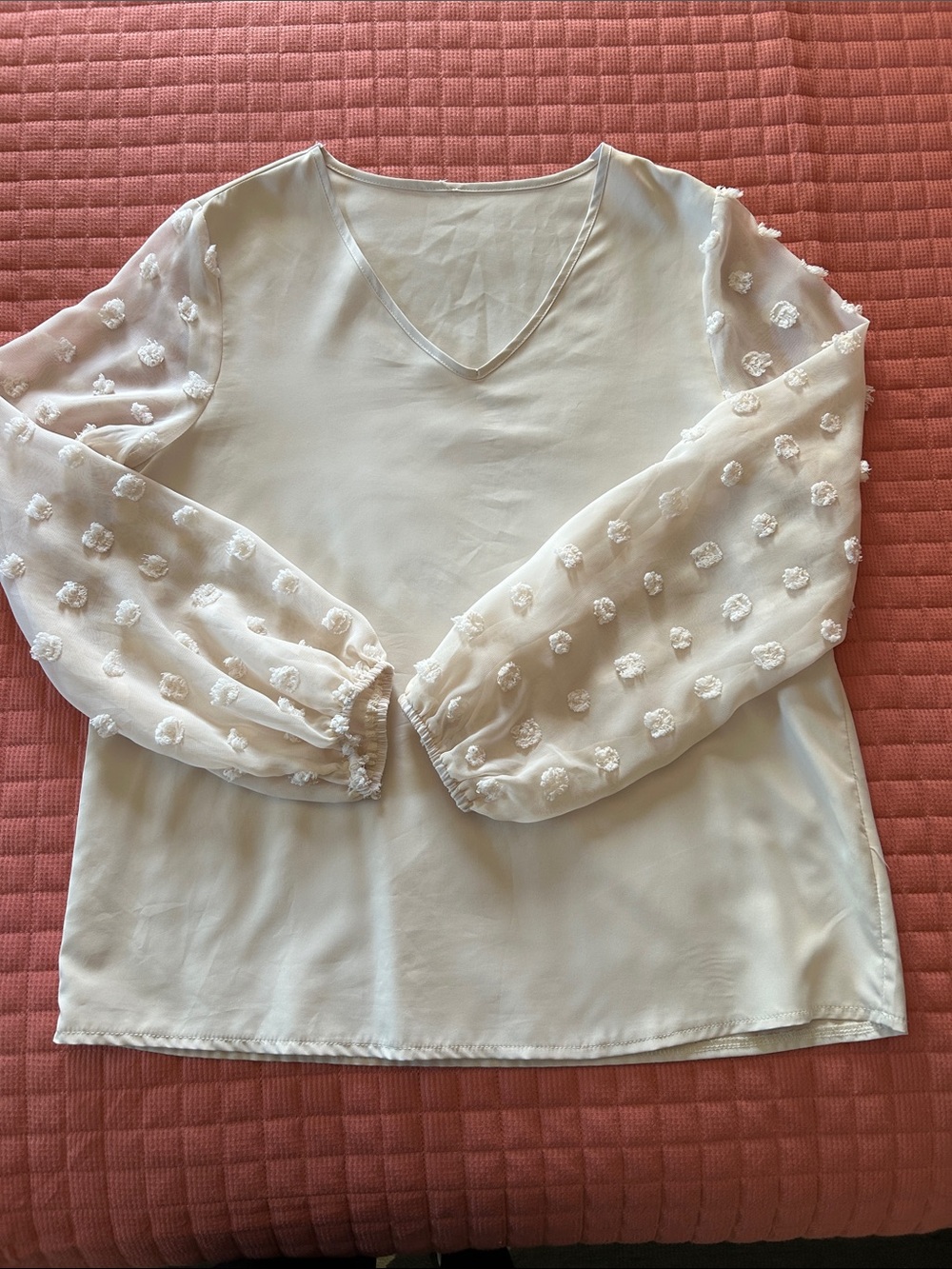 V-Neck Ivory Blouse with Sheer Dot Puff Sleeves